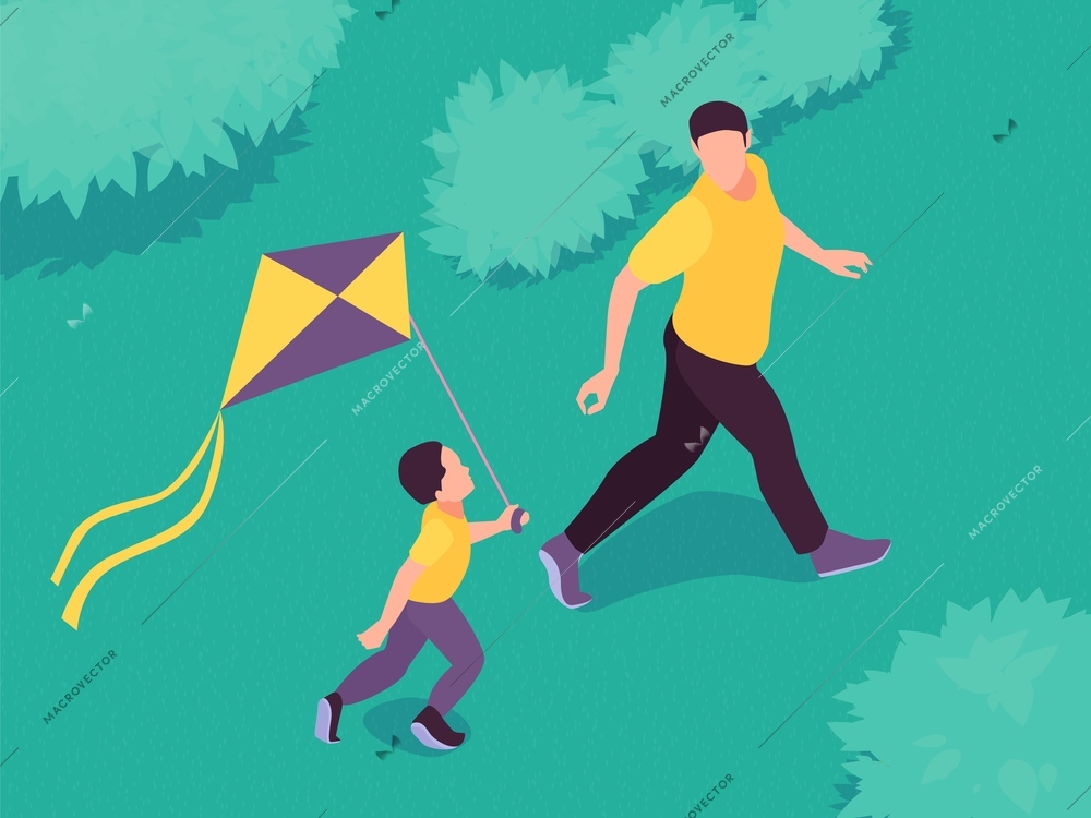 Isometric father day composition with outdoor scenery and faceless characters of dad and son running kite vector illustration