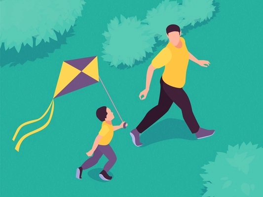 Isometric father day composition with outdoor scenery and faceless characters of dad and son running kite vector illustration