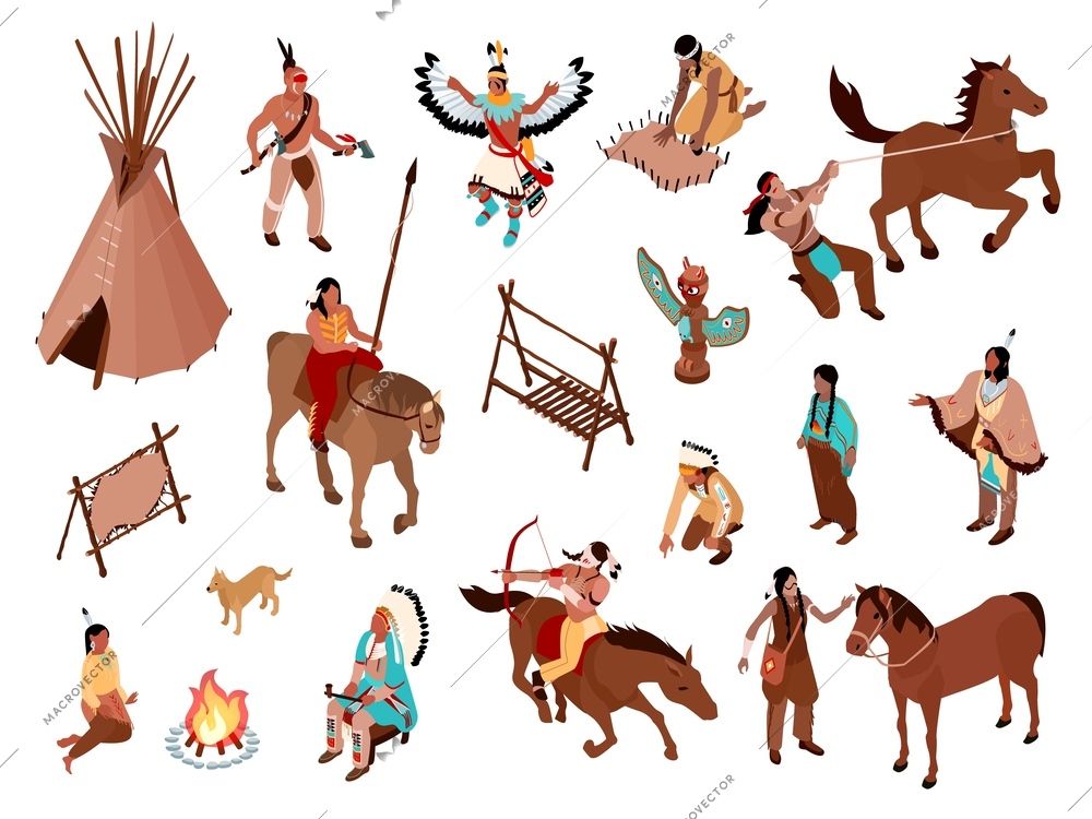 Isometric american indians set with isolated icons of ancient labor instruments dwellings ride horses and people vector illustration