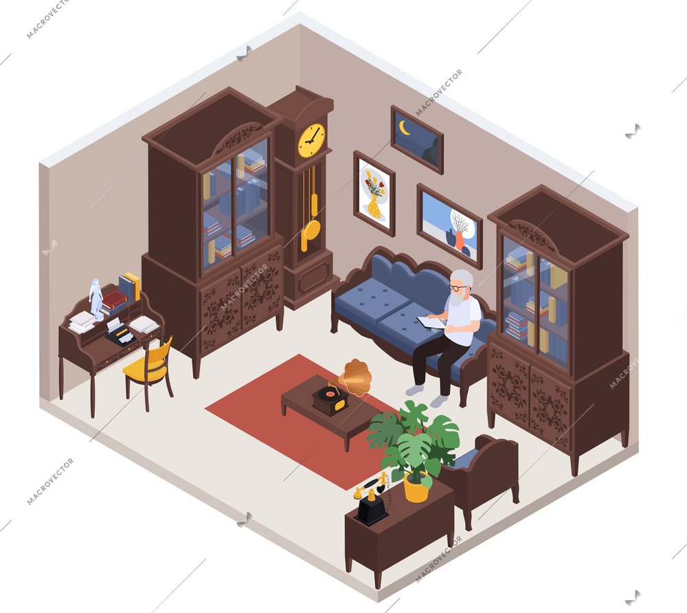 Antiquarian antique isometric composition with isolated view of interior with old man sitting in vintage apartment vector illustration