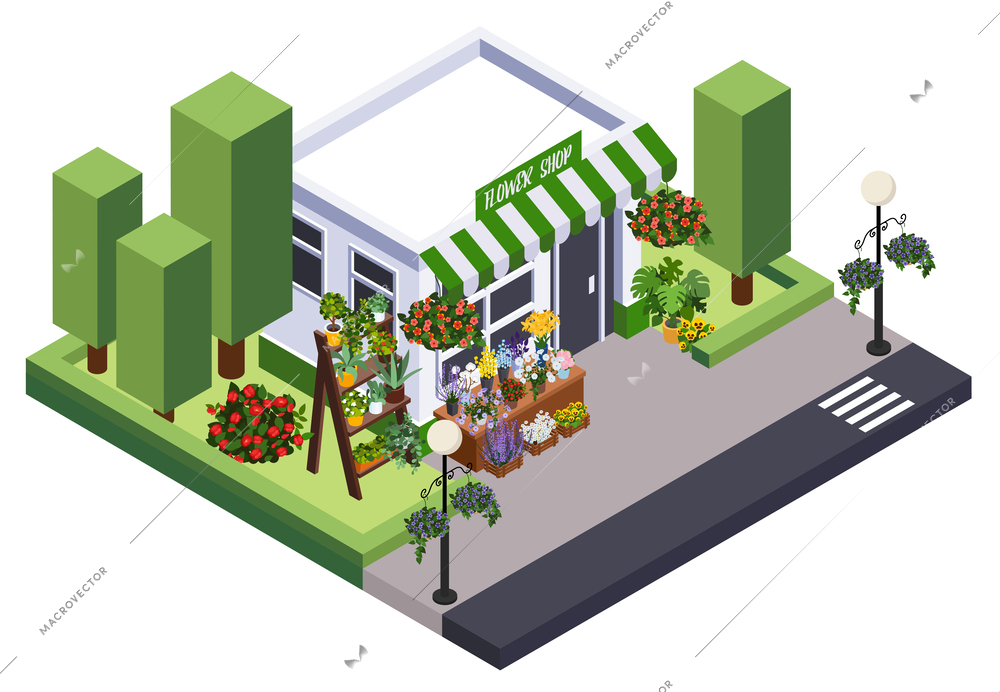 Florist city event flower decoration isometric composition with isolated view of flower shop building with showcase vector illustration