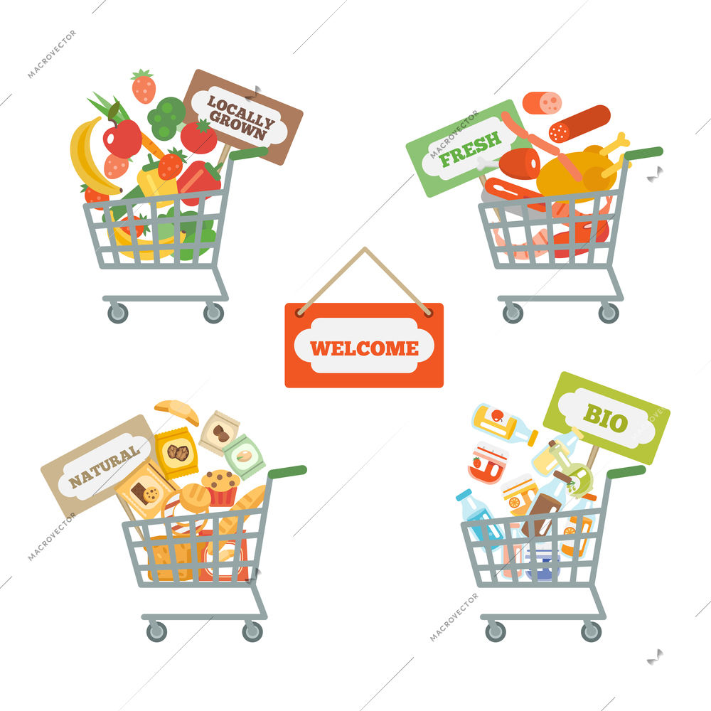 Supermarket shopping cart decorative icons set with food and commerce signs isolated vector illustration