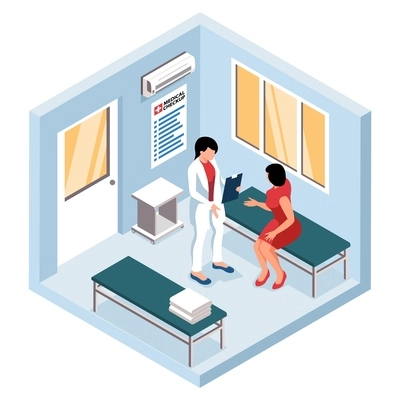 Woman having consultation with female therapist at hospital during health checkup 3d isometric isolated vector illustration