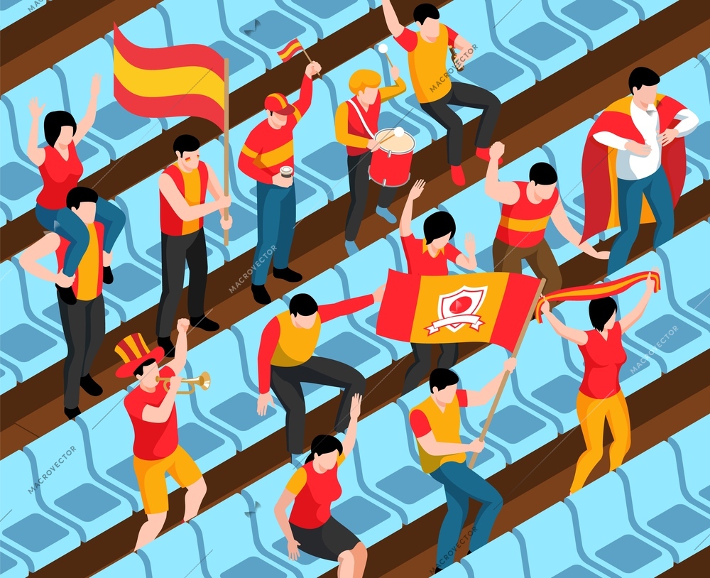 Sport fans with yellow and red attributes cheering for team during match on stadium isometric vector illustration