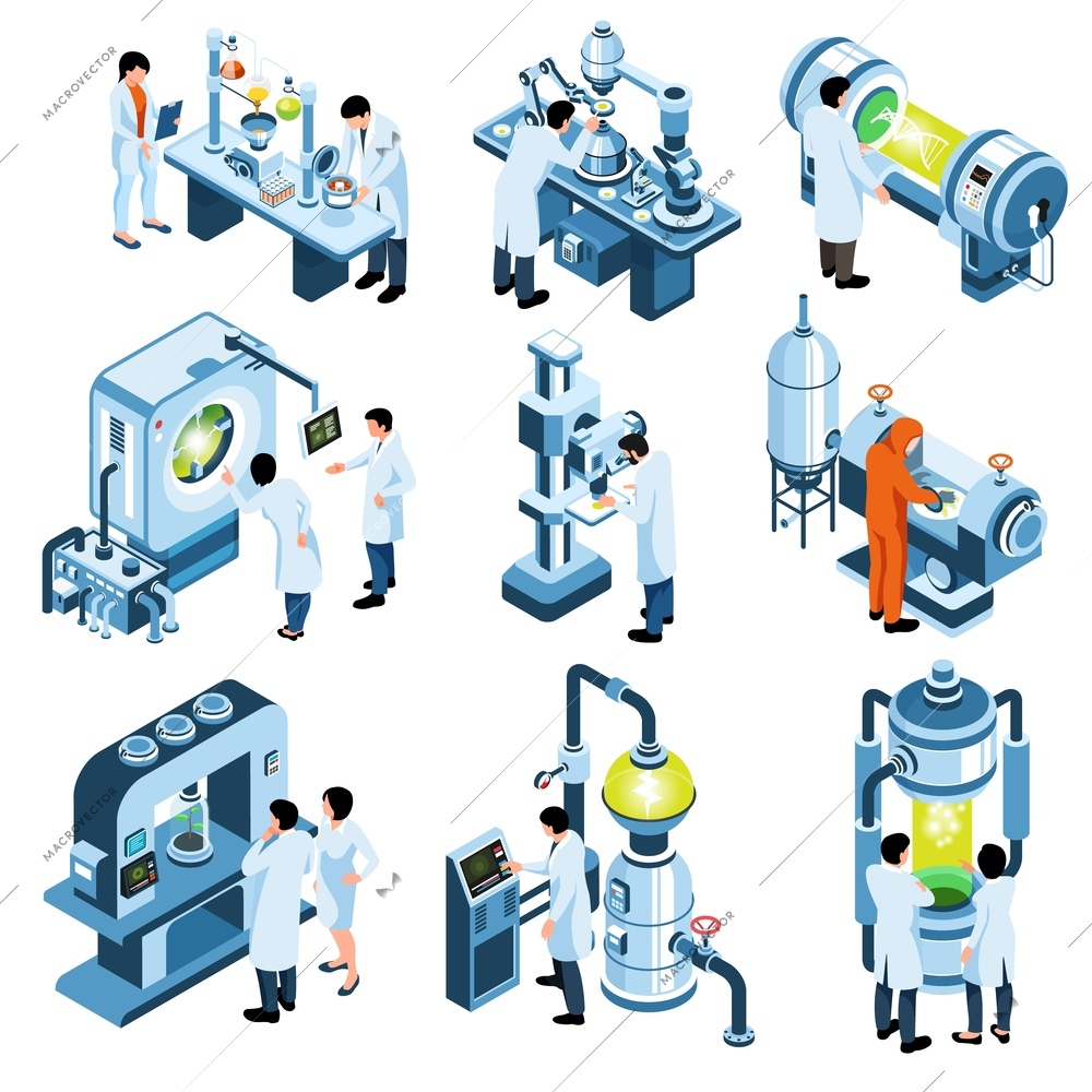 Biotechnology isometric set of scientists working in laboratory with modern equipment isolated vector illustration