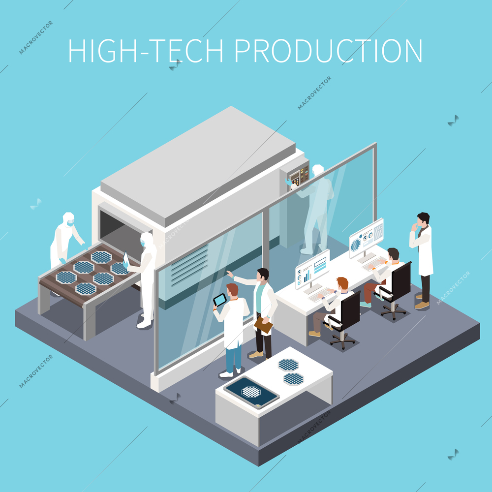 Research development isometric concept with scientists in tech lab vector illustration