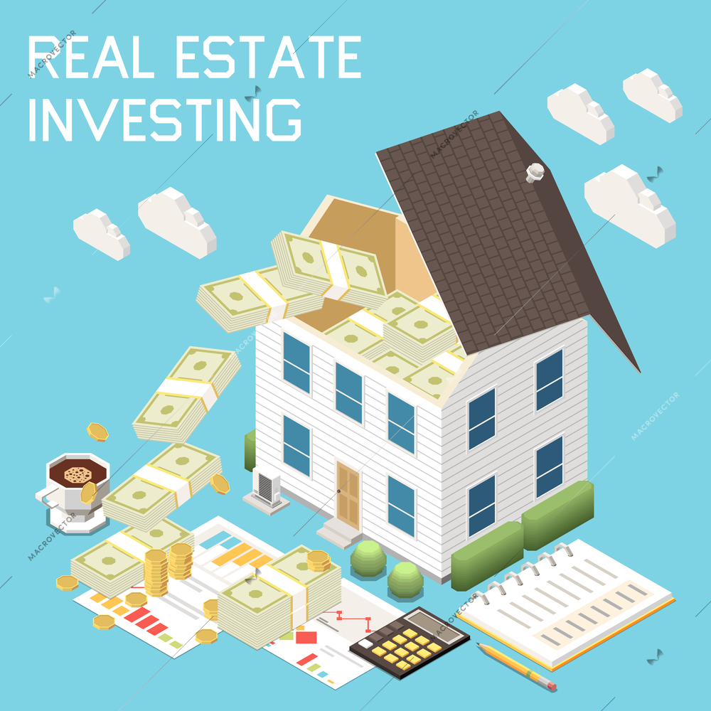 Personal financial management isometric concept with real estate investing vector illustration