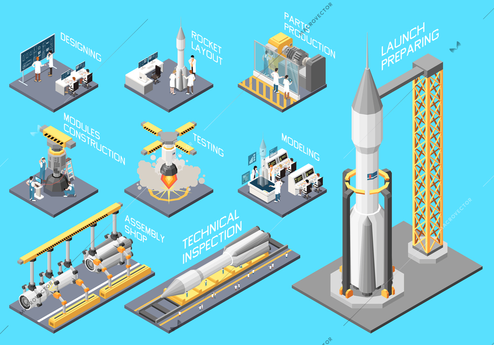 Rocket building isometric set with spaceship designing and launching isolated vector illustration