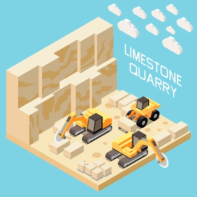 Stone factory isometric concept with limestone quarry vector illustration