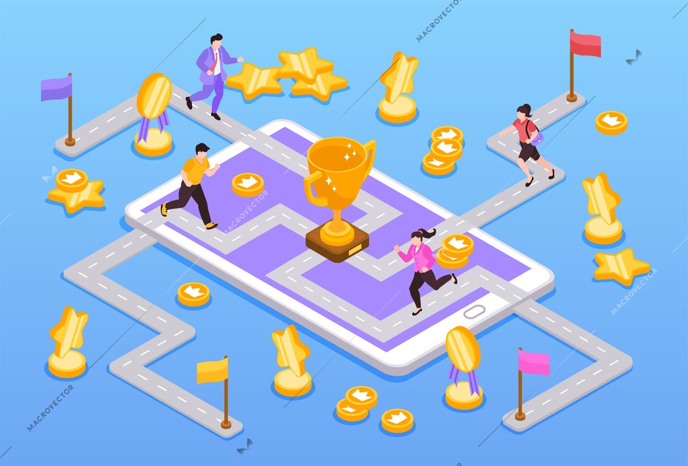 Gamification game strategy in business and education process isometric concept with adult people running to finish 3d vector illustration