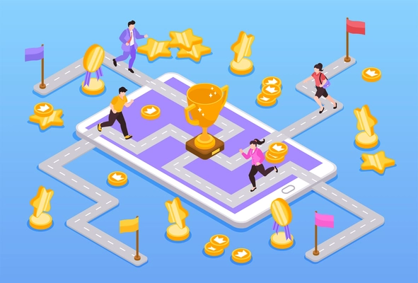 Gamification game strategy in business and education process isometric concept with adult people running to finish 3d vector illustration