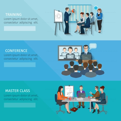 Conference banner set with training master class flat elements isolated vector illustration