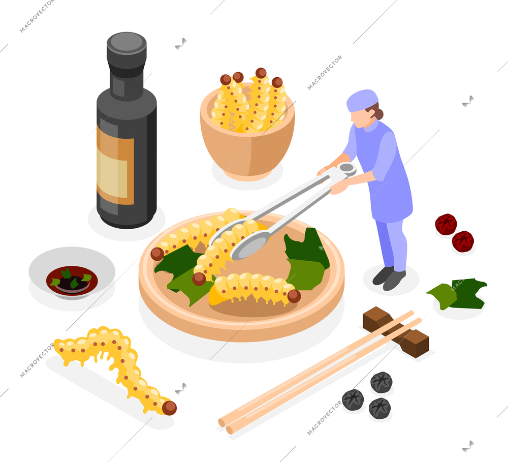 Food of future isometric composition consisting of bamboo worms on plate and bottle with soy sauce vector illustration