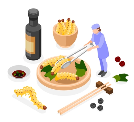 Food of future isometric composition consisting of bamboo worms on plate and bottle with soy sauce vector illustration