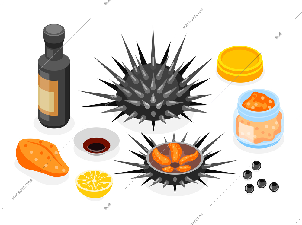 Mariculture isometric composition consisting of luxury seafoods seasoning and sauce vector illustration
