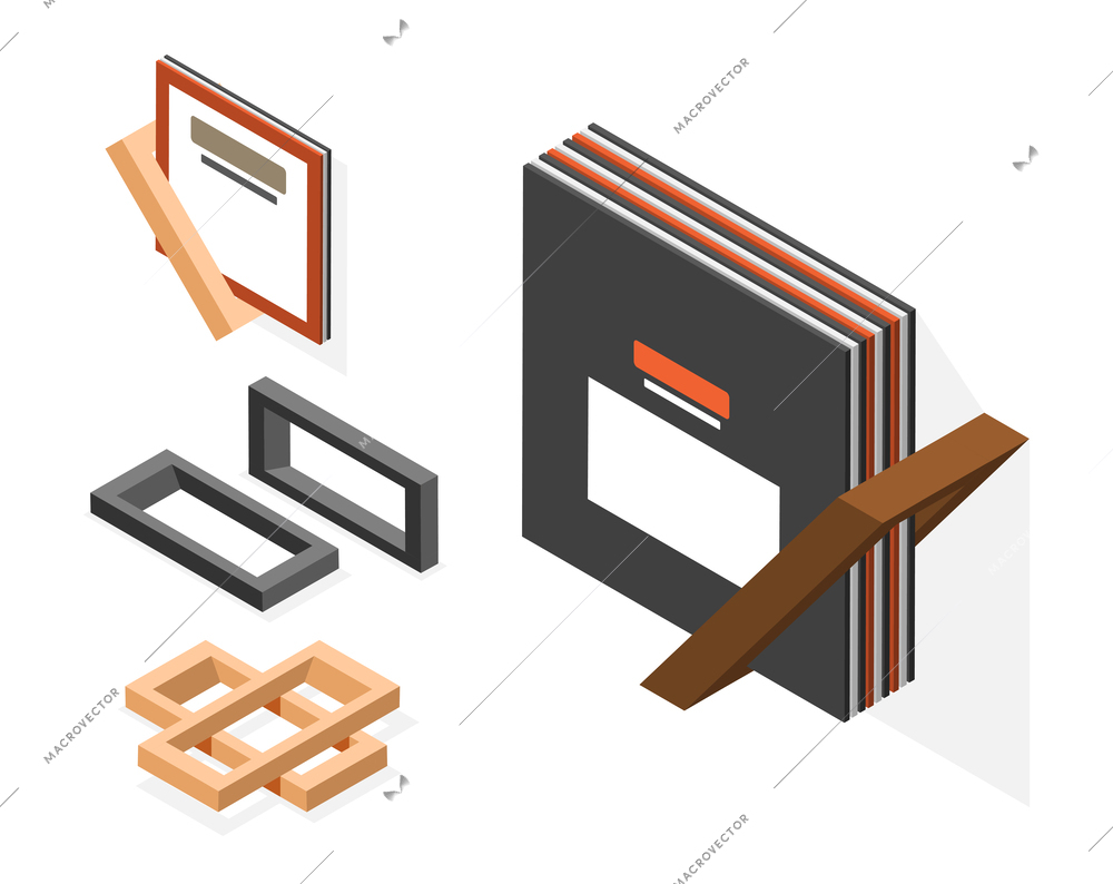 Store room isometric composition with isolated icons of frame stands and book holders on blank background vector illustration