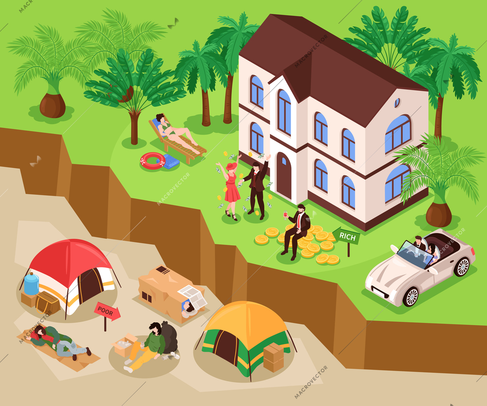 Isometric gap between rich and poor composition with outdoor landscape and people living above and underground vector illustration