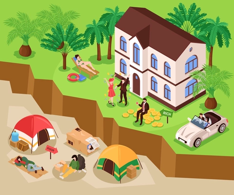 Isometric gap between rich and poor composition with outdoor landscape and people living above and underground vector illustration