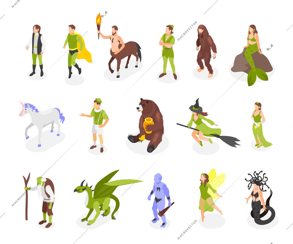 Fairy tale creatures isometric icons with mermaid unicorn yeti bear dragon batman characters isolated vector illustration