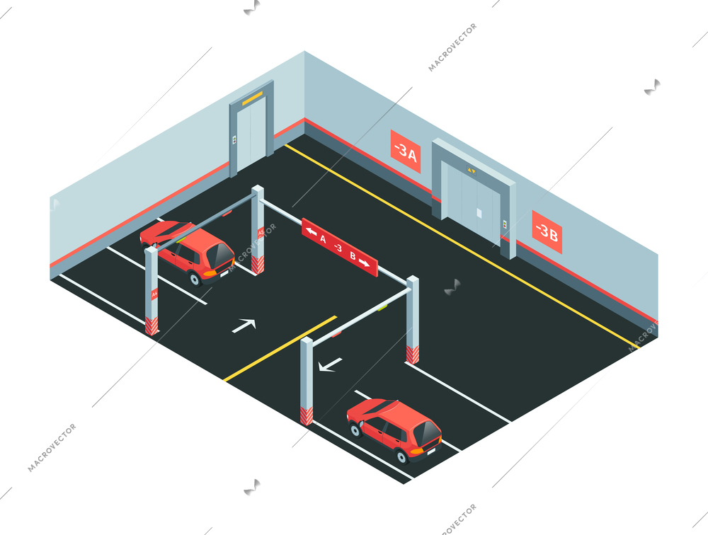 Isometric parking composition with isolated view of indoor underground parking lot with cars and level  plates vector illustration