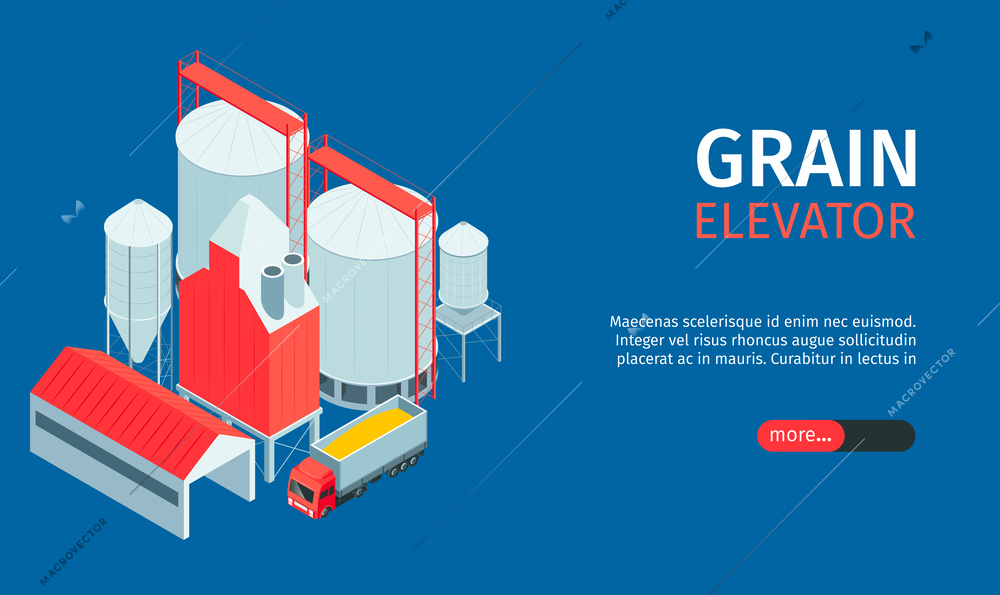 Isometric grain elevator horizontal banner with editable text slider more button and factory unit buildings image vector illustration