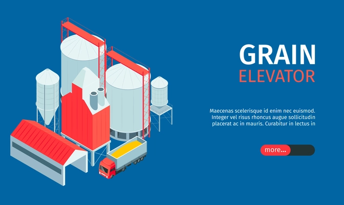 Isometric grain elevator horizontal banner with editable text slider more button and factory unit buildings image vector illustration