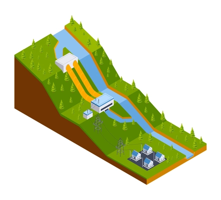 Isometric hydroelectric power station composition with isolated view of derivational unit and industrial buildings on banks vector illustration