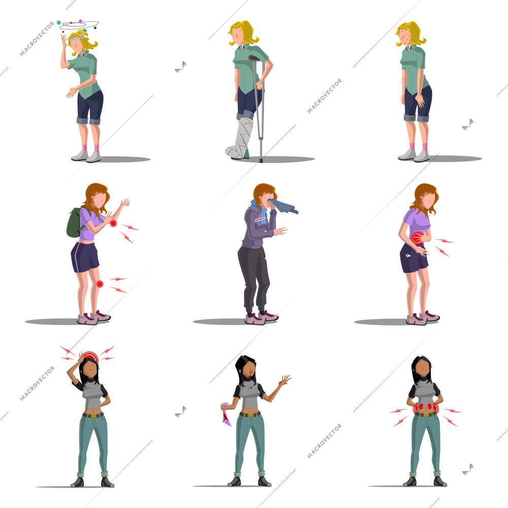 Medicine disease woman flat characters set with allergy vertigo fracture illness isolated vector illustration.