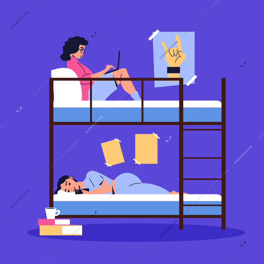 Student dormitory room flat concept with two female teens sharing bedroom vector illustration