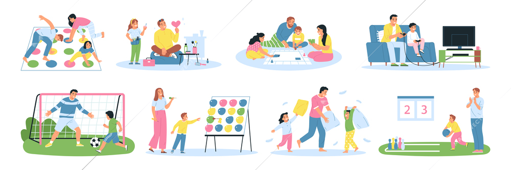 Happy children play games with their parents indoors and outdoors flat set isolated vector illustration