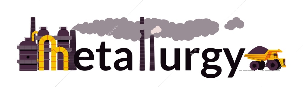 Metallurgy production composition with flat text  factory building icons with clouds of smoke and heavy truck vector illustration