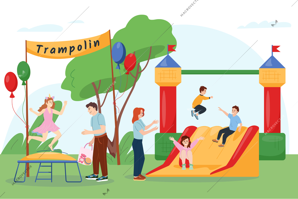Happy kids jumping on trampoline and sliding down inflatable slide in amusement park flat composition vector illustration