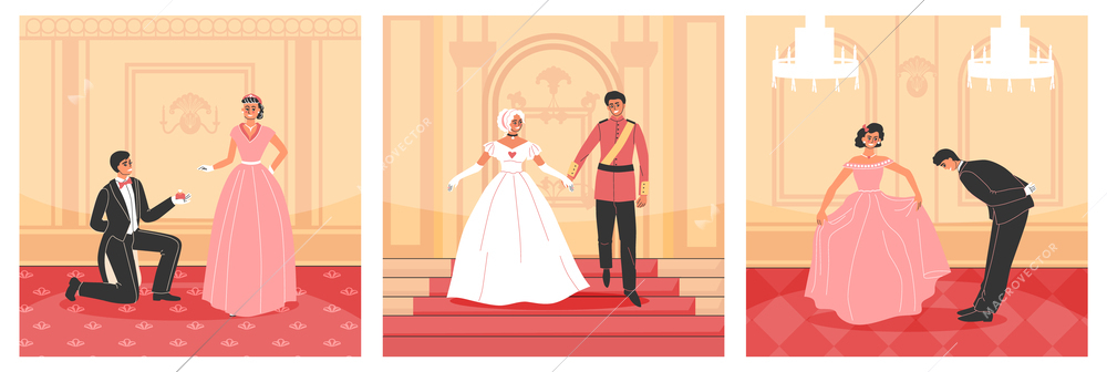Royal ball composition set with classic dress symbols flat isolated vector illustration