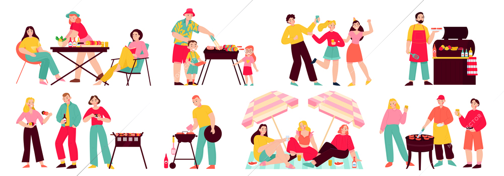 Barbecue flat color set of people spend your free time outdoor and roasting meat on grill isolated vector illustration