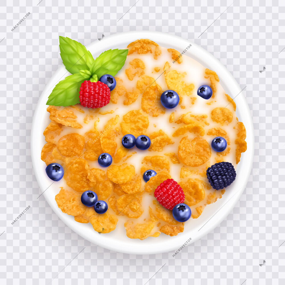 Cereal with milk and berries breakfast realistic composition with transparent background and isolated dish top view vector illustration