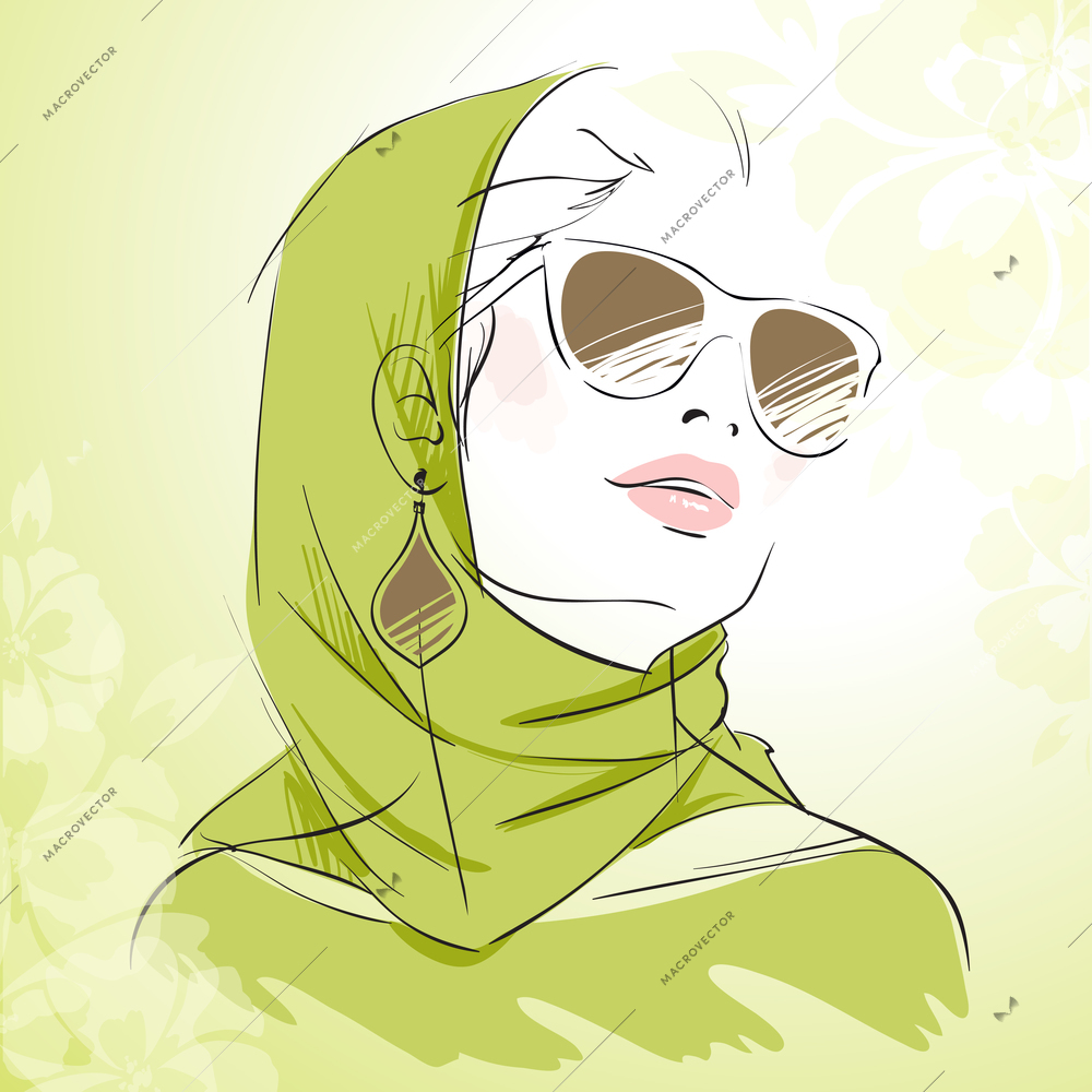 Spring fashion girl portrait in green colors wearing headscarf with floral background vector illustration