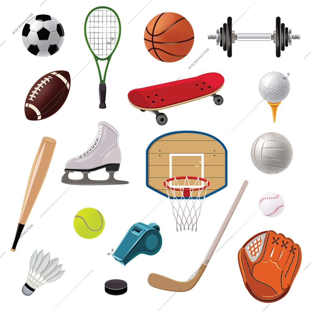 Sports equipment decorative icons set with game balls rackets and accessories isolated vector illustration