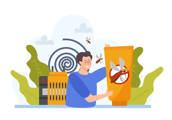 Repellents flat composition with male character flying mosquitoes and coil with cream tube and plug-in vector illustration