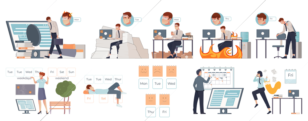Work week flat set of tired and busy office workers isolated vector illustration