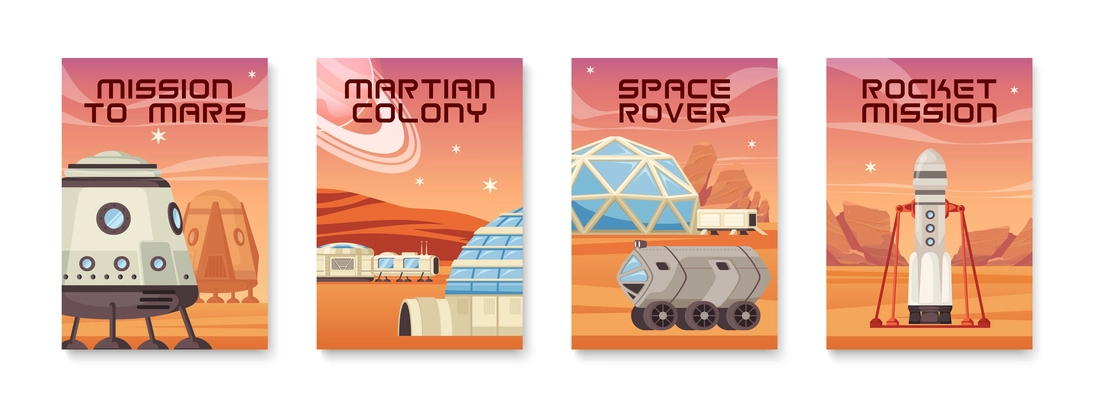 Mars colonization poster set with four vertical compositions of editable text and planetary surface landscape views vector illustration