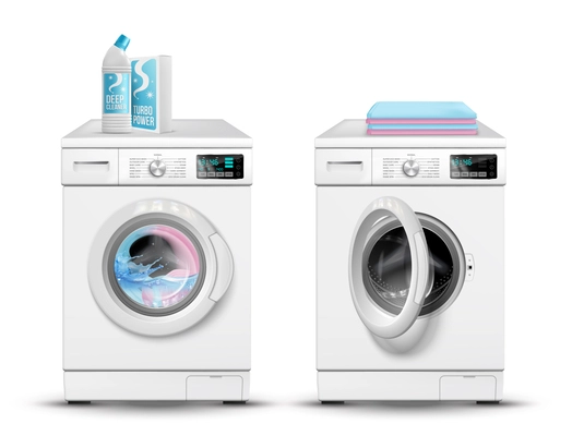 Realistic washing machine set with isolated images of working and standby laundry machines with cleaning detergents vector illustration