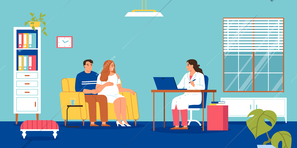 Family doctor composition with husband and pregnant wife having appointment at doctors office with modern interior vector illustration