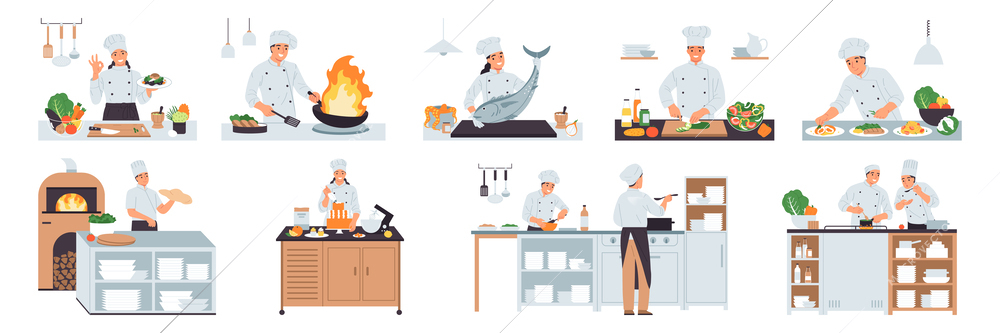 Set with isolated cooks professional compositions with chefs in uniform cooking meals alone and in team vector illustration