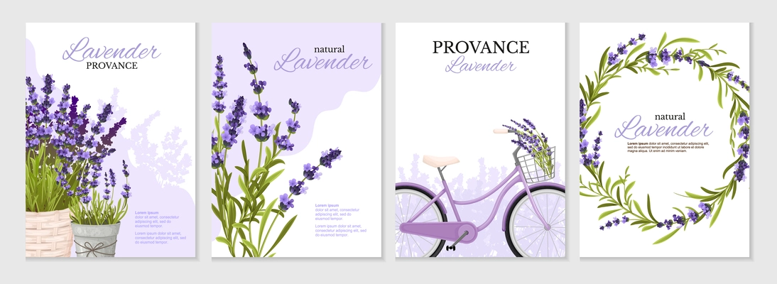 Floral isolated posters set decorated with lavender sprigs in pots bicycle basket and frame  realistic vector illustration