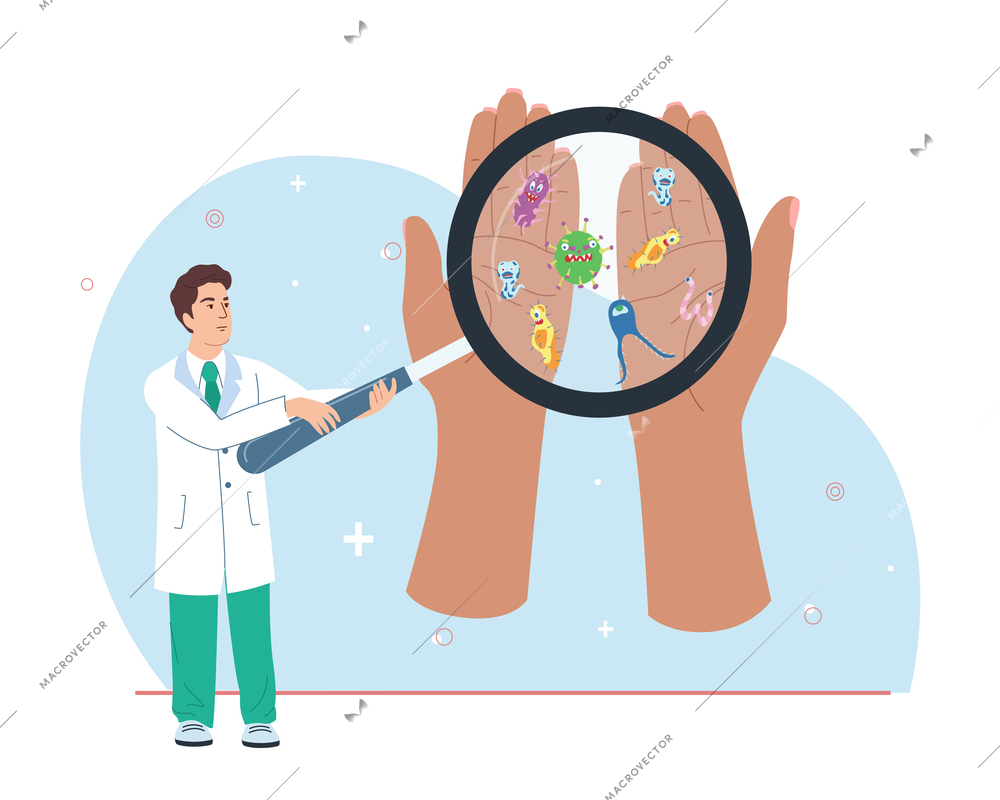 Washing hands flat composition with doctor holding magnifying glass at dirty human hands with bacterium and microbes vector illustration