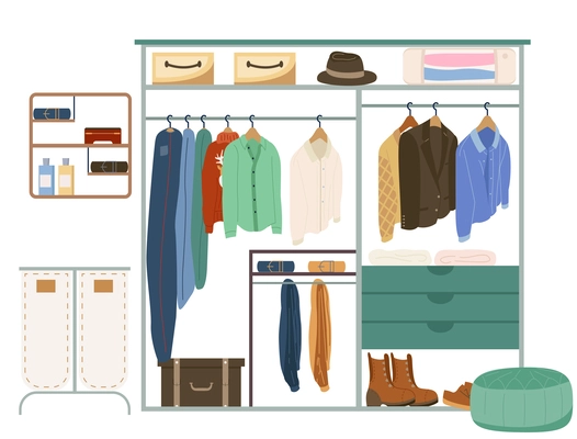 Male walk in closet flat vector illustration with fashion clothes hat shoes and accessories