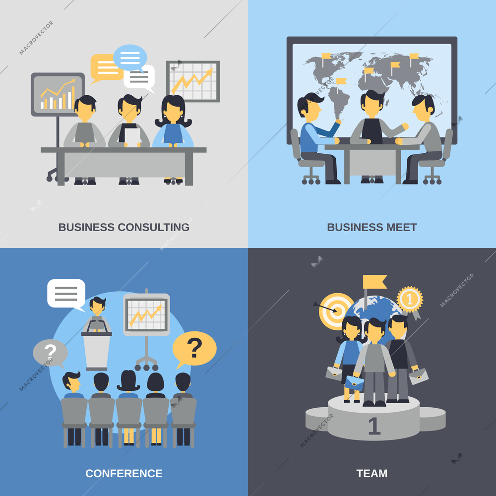 Meeting design concept set with business consulting team conference flat icons isolated vector illustration