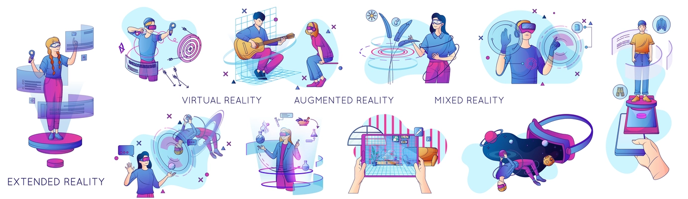 Cyberspace flat set of people using extended virtual augmented mixed reality gadgets isolated vector illustration