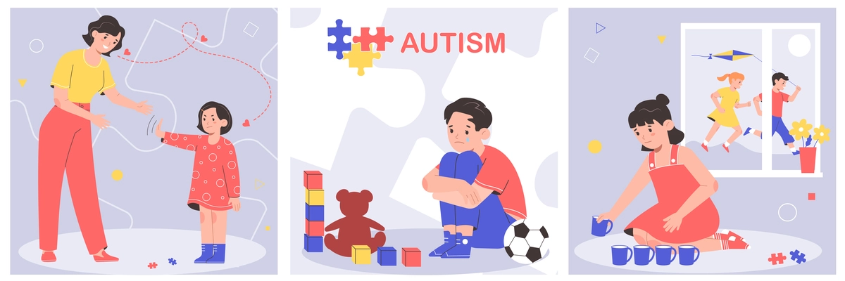 Children with autism syndrome playing alone and rejecting cuddles flat set isolated vector illustration