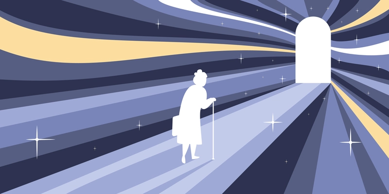 Afterlife death flat composition with conceptual view of starry sky with light rays door and woman vector illustration